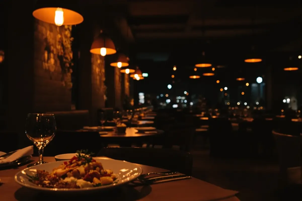小餐馆深色餐桌上的几道菜与一张压在暖黄吊灯下的收据